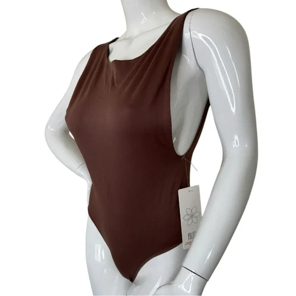 AURA Sleeveless Thong tank top Bodysuit ultra stretch deep chocolate brown L XL - Picture 13 of 17